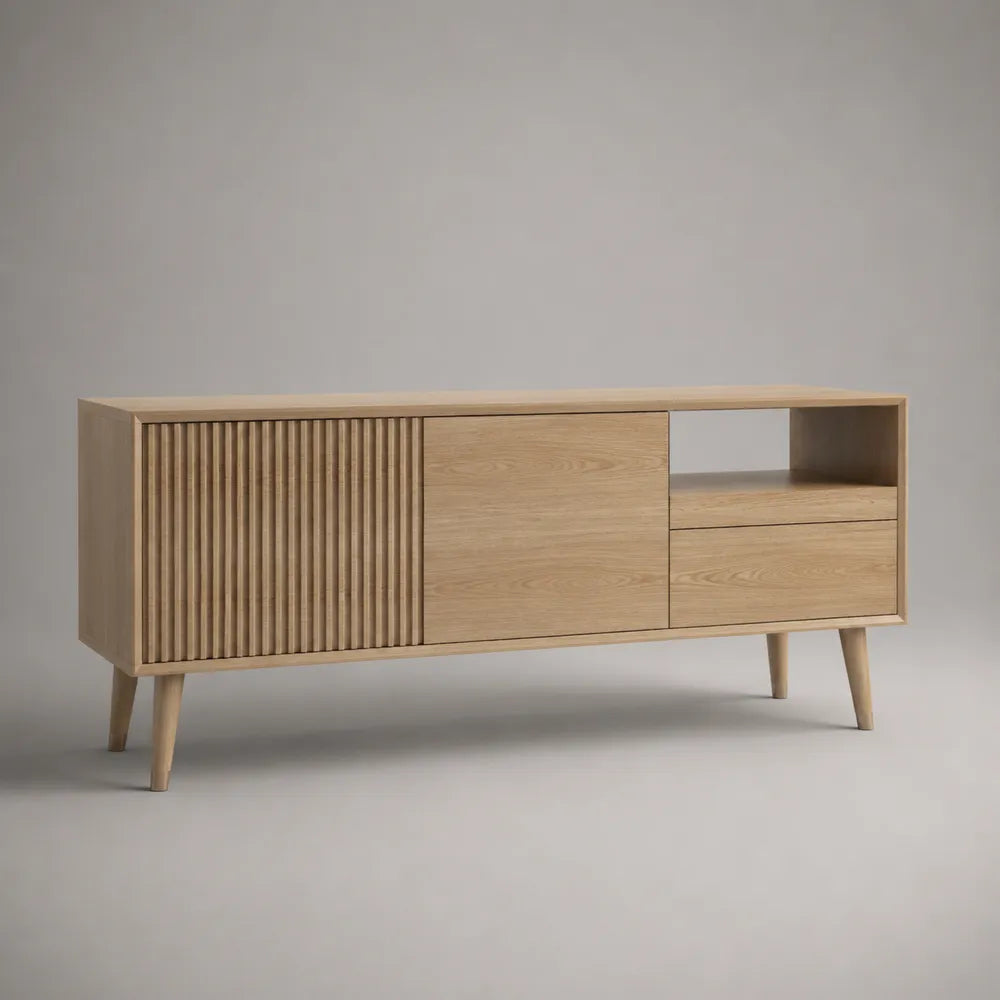 Mobile TV rettangolare in MDF effetto legno naturale con ante cassetti e vano aperto beige 180 x 40 x 55 cm