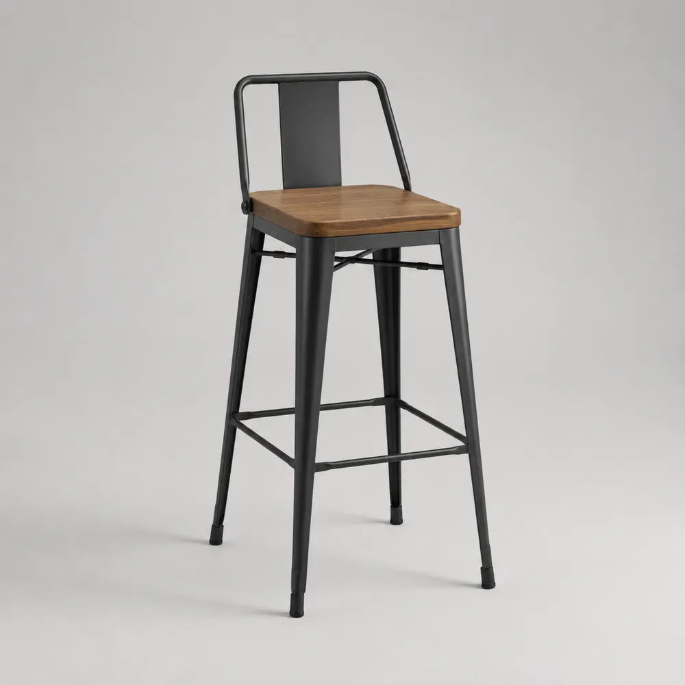 Sgabello da bar con schienale in acciaio nero e seduta quadrata in legno marrone 48 x 50 x 105 cm