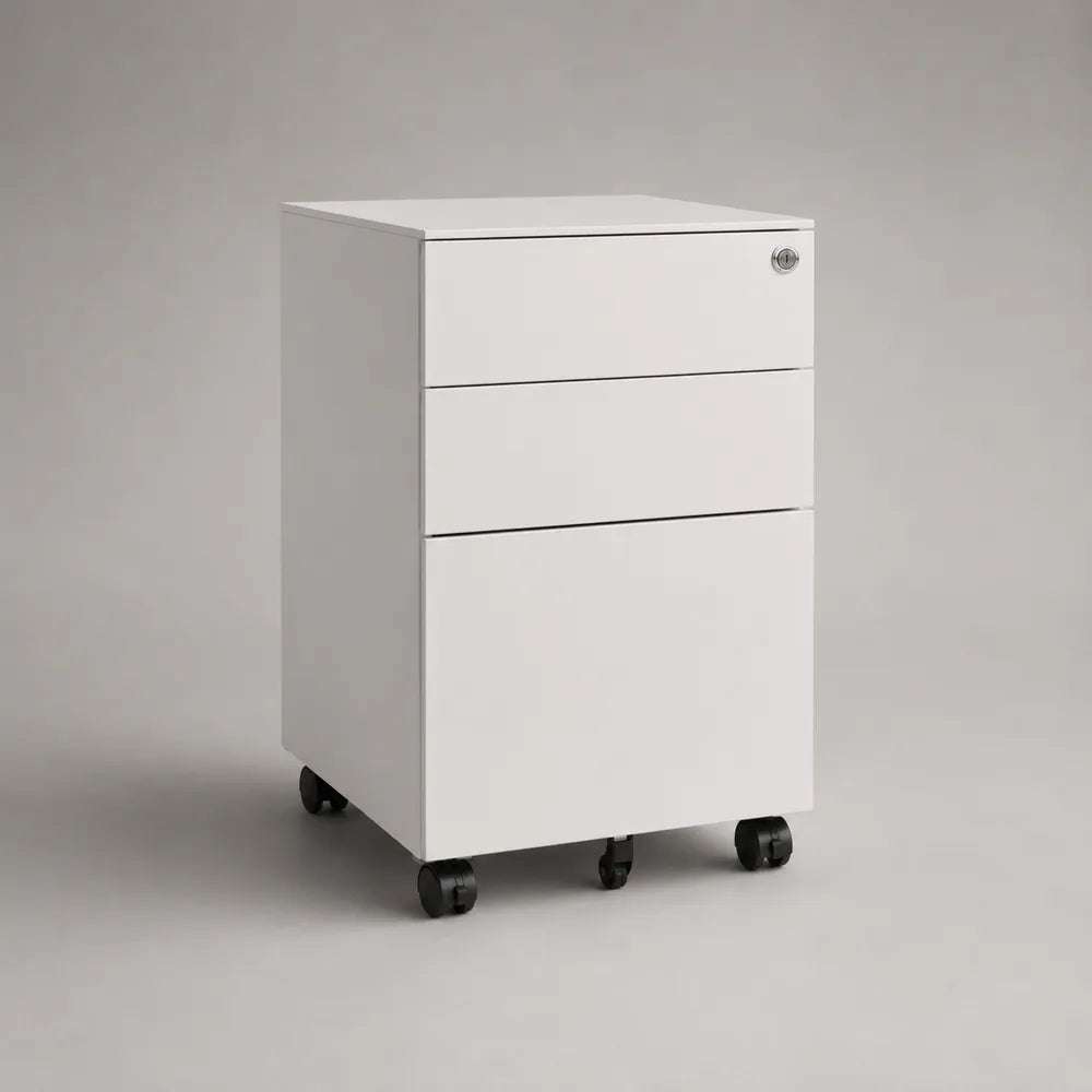 Cassettiera da ufficio con 3 cassetti in acciaio verniciato bianco con ruote nere 40 x 50 x 60 cm