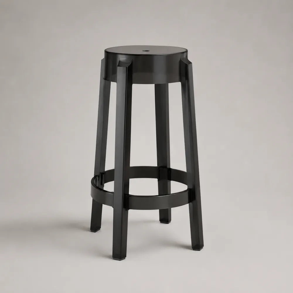 Sgabello da bar senza schienale in acciaio verniciato nero con seduta rotonda e poggiapiedi 45 x 45 x 75 cm