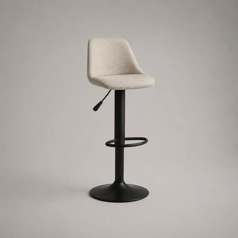 Sgabello da bar regolabile con seduta imbottita in tessuto beige e base rotonda in acciaio nero 95x48x50 cm