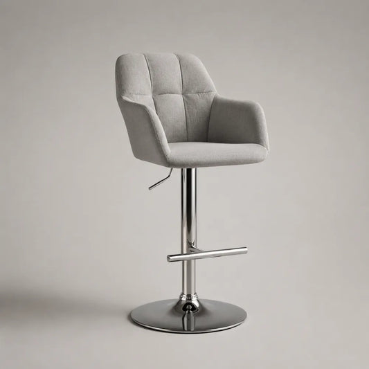 Sgabello da bar girevole regolabile imbottito in tessuto poliestere grigio con schienale e poggiapiedi 50x55x105 cm