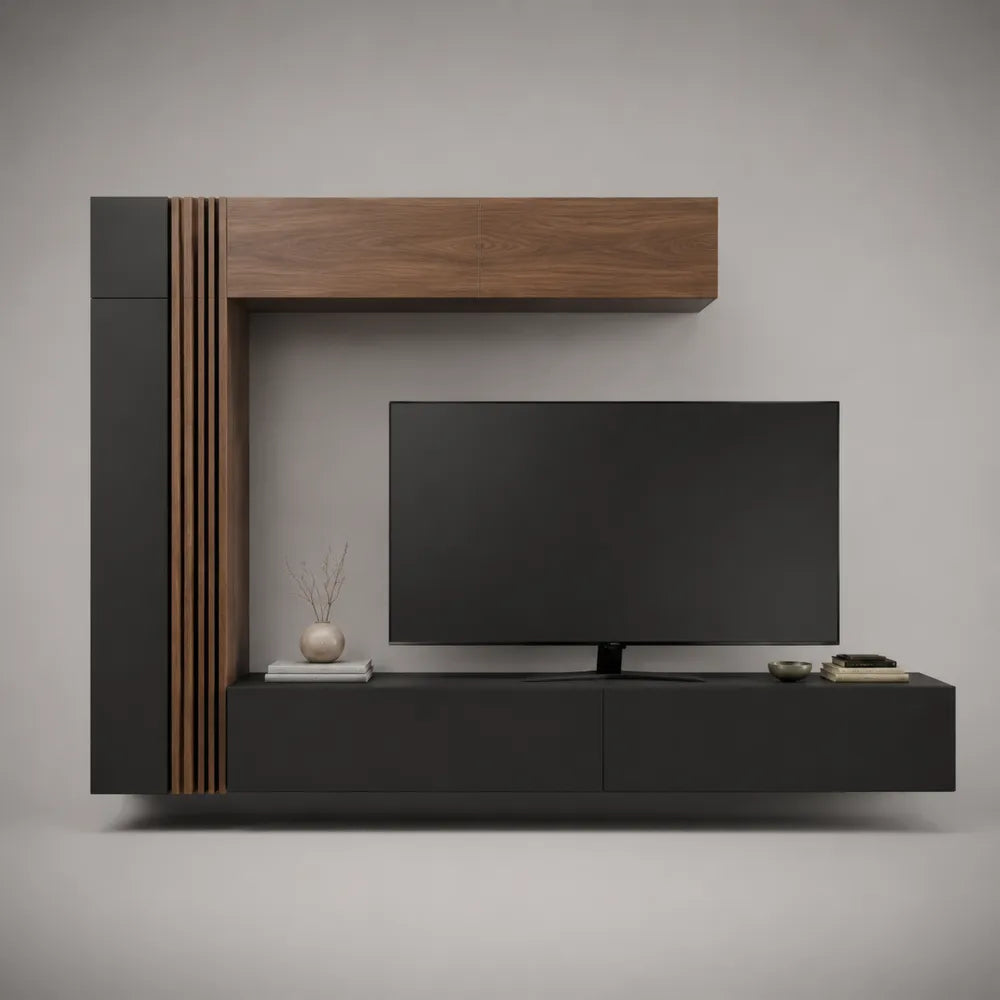 Mobile TV sospeso in MDF effetto legno noce e nero con colonne contenitore 240 cm
