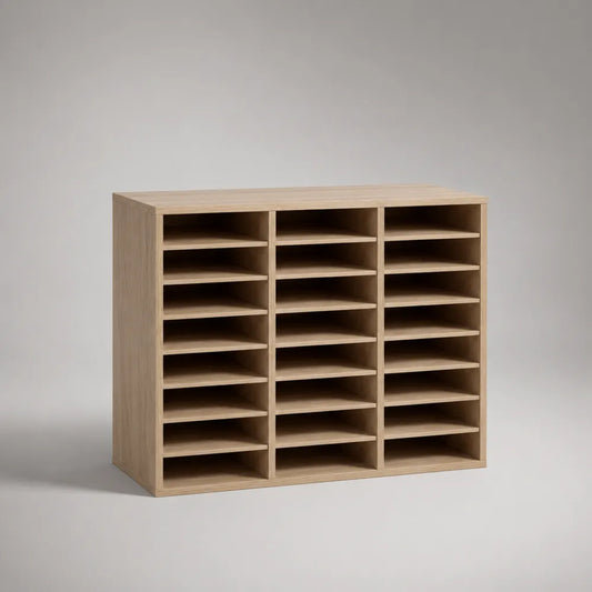 Cassettiera da ufficio a ripiani aperti in MDF effetto rovere chiaro con 21 vani rettangolare 120 x 35 x 90 cm