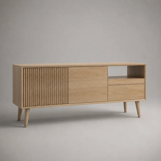 Mobile TV rettangolare in MDF effetto legno naturale con ante cassetti e vano aperto beige 180 x 40 x 55 cm
