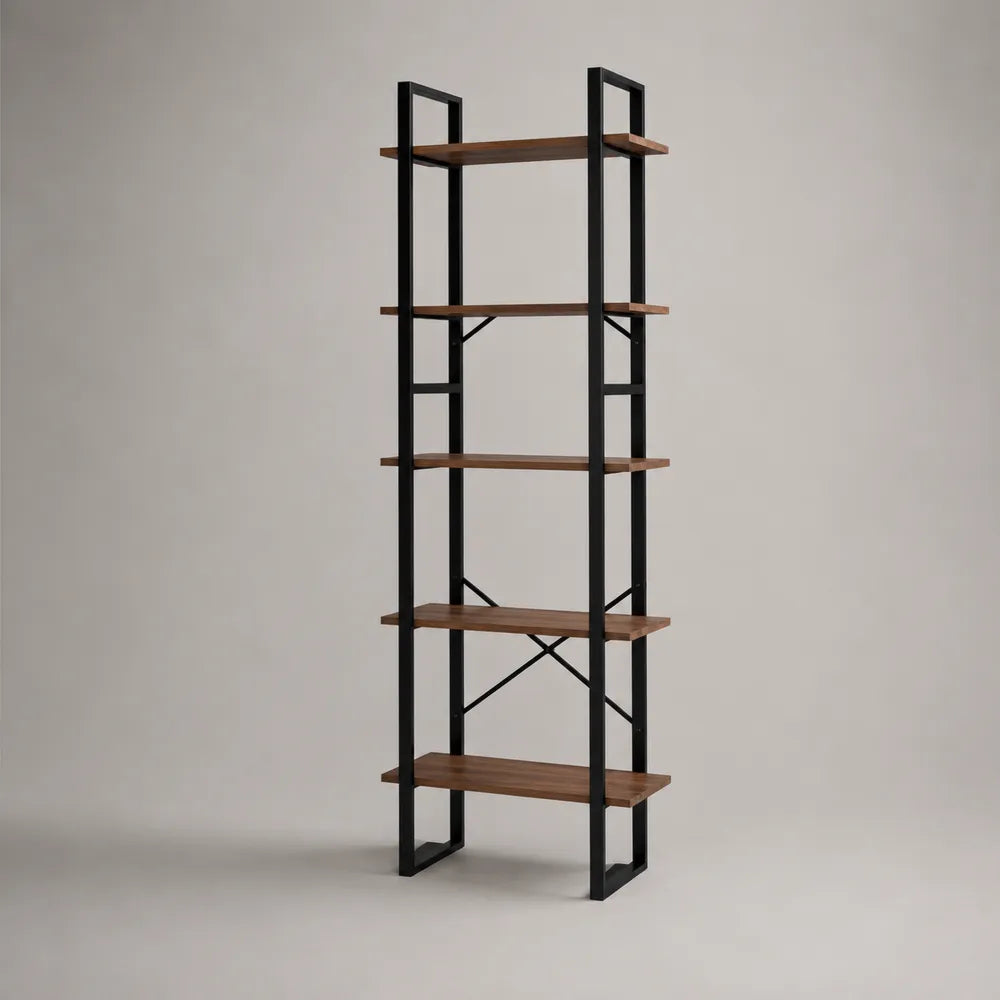 Libreria scaffale a 5 ripiani in MDF effetto legno marrone con struttura in acciaio nero 180 x 80 x 35 cm