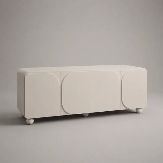 Mobile TV basso in MDF bianco opaco con ante arrotondate e piedini sferici 220 cm