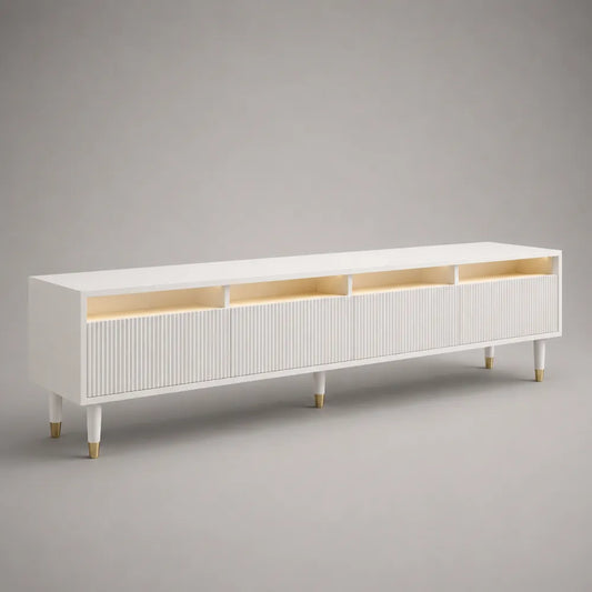 Mobile TV rettangolare in MDF bianco con ante a doghe verticali vani aperti e gambe rialzate 240 x 38 x 45 cm