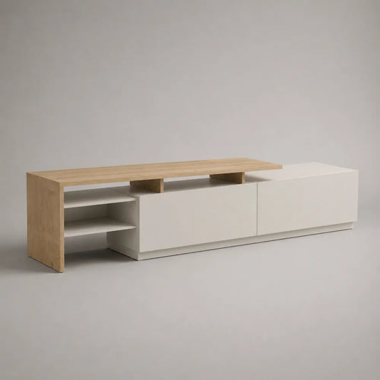 Mobile TV rettangolare in MDF con finitura effetto legno chiaro e ante bianche 220 x 40 x 45 cm