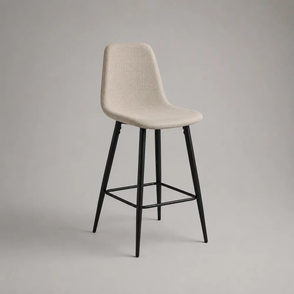 Sgabello da bar imbottito in tessuto beige con schienale e gambe in acciaio nero 50 x 55 x 105 cm