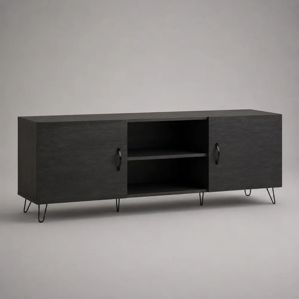Mobile TV in MDF nero effetto legno con ante laterali e vani aperti 220 cm