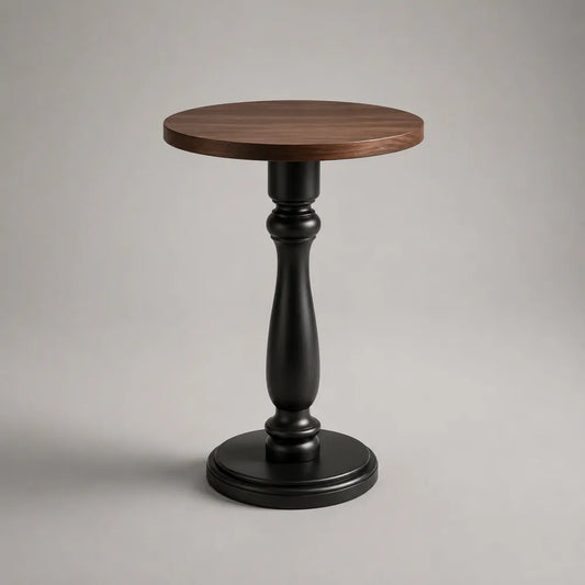 Tavolino laterale rotondo in MDF effetto noce con base in acciaio nero 45x60 cm