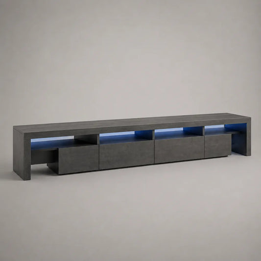 Mobile TV lungo rettangolare in MDF grigio antracite con vani aperti cassetti e illuminazione LED 260 x 40 x 45 cm