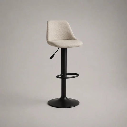 Sgabello da bar regolabile con seduta imbottita in tessuto beige e base rotonda in acciaio nero 95x48x50 cm
